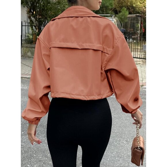 Womens Brick Red Tankaneo Cropped Jacket Zip Up Oversized Utility Anorak Coat - Picture 4 of 4